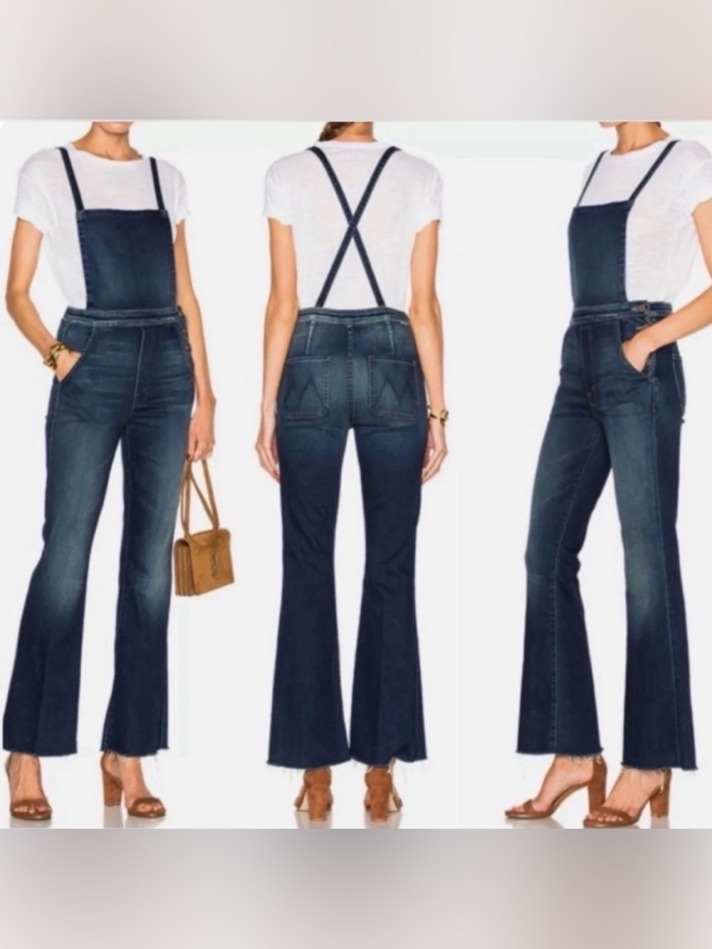 NWOT MOTHER Dark Blue Denim Flared Overalls with Cross-Back Straps